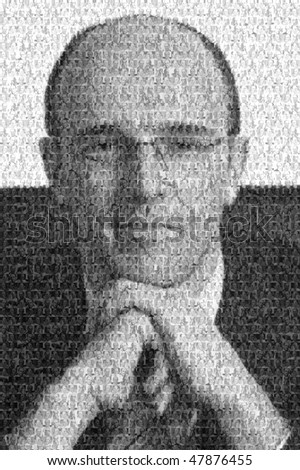Mosaic portrait of businessman in suit sitting at desk in office, black & white