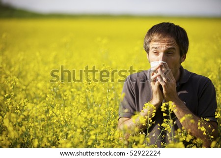 Young man in yellow canola field blowing his nose and suffering from pollen allergy.