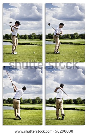 Collection of images showing male golf player teeing off golf ball from tee box.