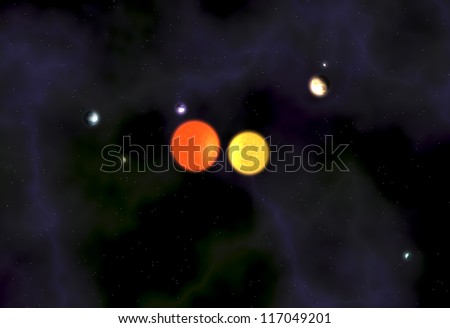 Binary Stars with six Planets in a purple and blue nebulae