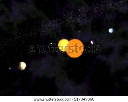 Binary Stars with five Planets and purple nebulaes