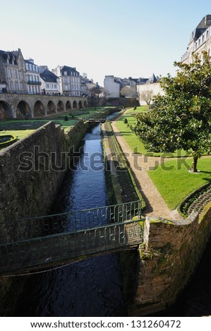 Little River in the Garden along the Walls of Vannes City with a blue sky