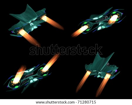 Four back views of an alien space ship on a black background