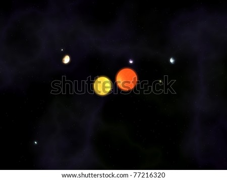 Solar system with a binary star and five planets on a space background with  stars and nebulae clouds