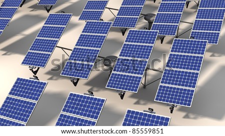 Field of articulated solar panels with morning light on a white background