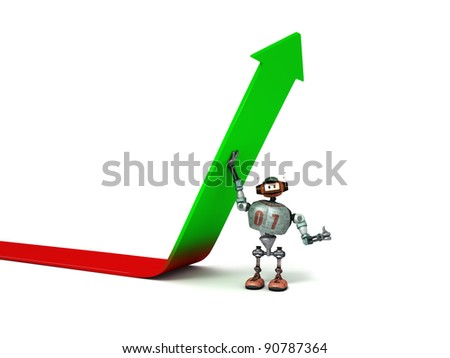 Large view of Djoby the robot helping an arrow to go up with a white background