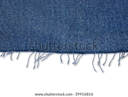 Piece of blue jeans fabric with fringe on white