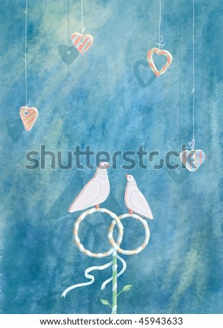 stock photo White dove sitting on wedding rings decorating with purple 