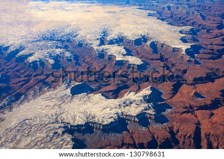 Aerial view of Grand Canyon in Arizona USA during the Winter months.