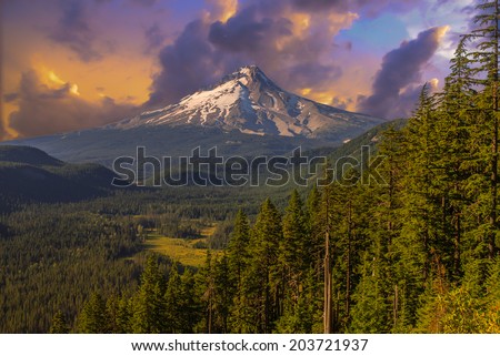 Majestic View of Mt. Hood. Sunset scene with dramatic sky.