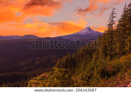 Majestic Sunset View of Mt. Hood with dramatic skies during the summer months.