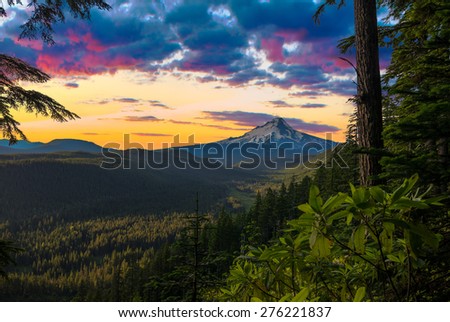 Majestic View of Mt. Hood on a bright, colorful sunset during the summer months.