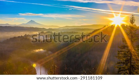 Beautiful Panorama of Mt. Hood taken during sunrise from Jonsrud view point in Sandy, Oregon, USA