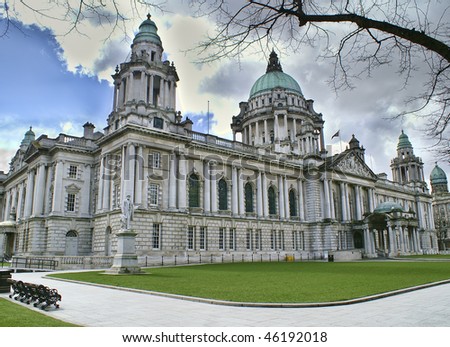 Beautiful Picture of City Hall in Belfast Northern Ireland, with bright blue sky.