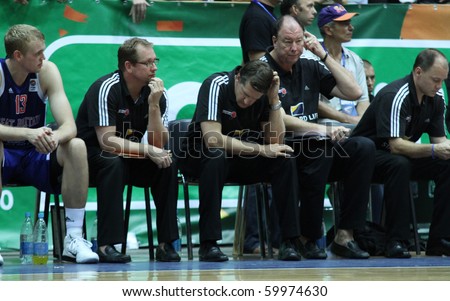 DNEPROPETROVSK, UKRAINE - AUG 29: Great Britain\'s coaching staff look puzzled on Aug 29, 2010 in Dnepropetrovsk. GBR lost to Ukraine 75:66