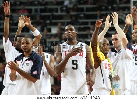 ISTANBUL - SEPTEMBER 11: Team USA  with Kevind Durant in the center of attention celebrating a win in FIBA World Championship game between USA and Lithuania on September 11, 2010 in Istanbul