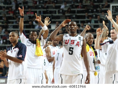 ISTANBUL - SEPTEMBER 11: Team USA  with Kevind Durant in the center of attention celebrating a win in FIBA World Championship game between USA and Lithuania on September 11, 2010 in Istanbul
