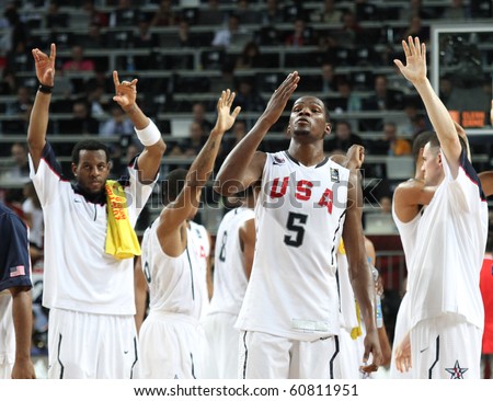 ISTANBUL - SEPTEMBER11: Team USA  with Kevind Durant in the center of attention celebrating a win in FIBA World Championship game between USA and Lithuania on September 11, 2010 in Istanbul