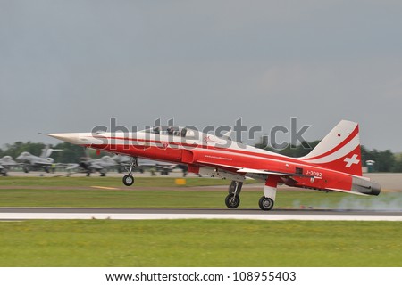 FAIRFORD, UK - JULY 8: Swiss Air Force F-5 aircraft participates in the Royal International Air Tattoo airshow event July 8, 2012 near Cirencester, England.