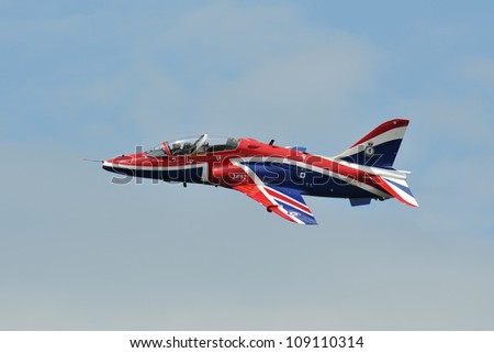 FAIRFORD, UK - JULY 8: Royal Air Force Hawk aircraft participates in the Royal International Air Tattoo airshow event July 8, 2012 near Cirencester, England.