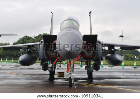 FAIRFORD, UK - JULY 8: US Air Force F-15E Strike Eagle aircraft participates in the Royal International Air Tattoo airshow event July 8, 2012 near Cirencester, England.