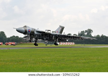 FAIRFORD, UK - JULY 8: Royal Air Force Vulcan Bomber aircraft participates in the Royal International Air Tattoo airshow event July 8, 2012 near Cirencester, England.