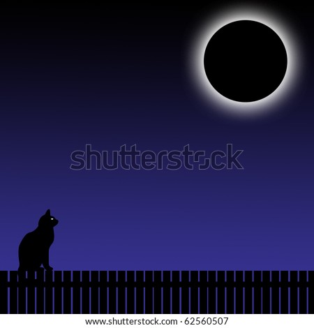 illustration of glowing moon on blue background with cat sitting on fence