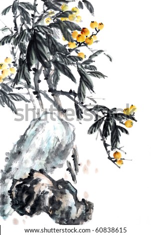 Loquat tree.-Asian ink and wash painting.