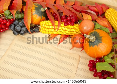 Frame of a large quantity of vegetables lying on a music sheet
