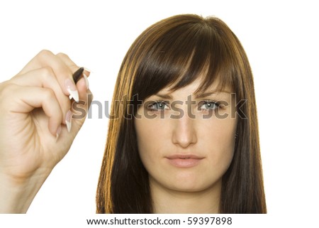 Young girl is isolated on the matter of background in hand grip. Presentation