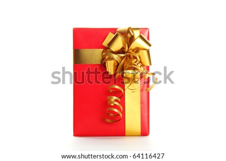 stock photo Red Gift Box with silver gold Bow A gift for Christmas