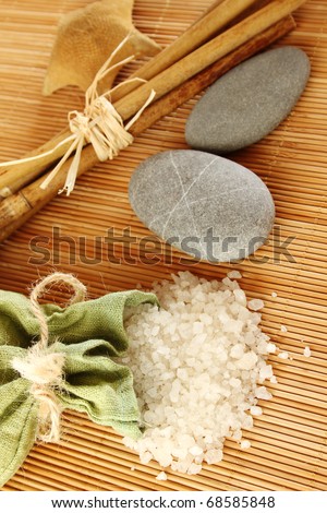 Facilities for body care in a fabric bag of bath salts, related to bamboo sticks, starfish