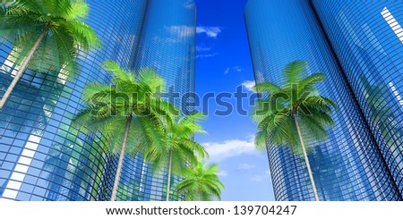 3d Palm Tree and Office Building under the sun
