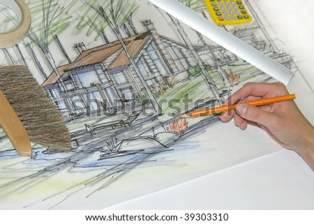 Concept sketch of architectural design. Selective focus on the left side of the house on the drawing.
