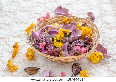 Colorful dried plants with white lace
