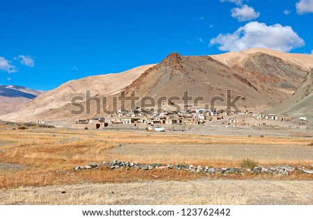 a small human settlement in barren hills of Ladakh india