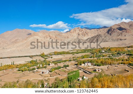 A stretch of vegetation and human settlement in barren valley of Ladakh india