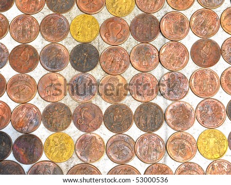 top  view of arranged copper coins