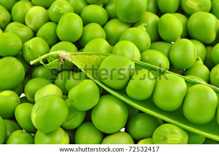 close up of pile of pea seeds with split open pea pod