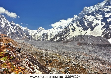 wide shot of valley with remnants of melt off glacier in Himalaya