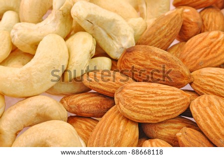close up of pile of cashew nuts and almond