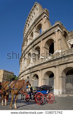 The ancient Colosseum in Rome, whit horse chariot