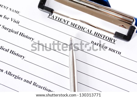 Medical claim form and patient medical history questionnaire