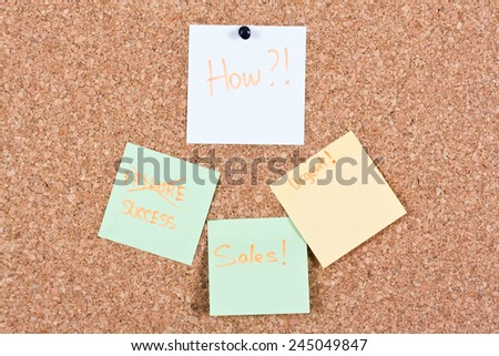 Business terms written on paper and a marker attached to a cork board