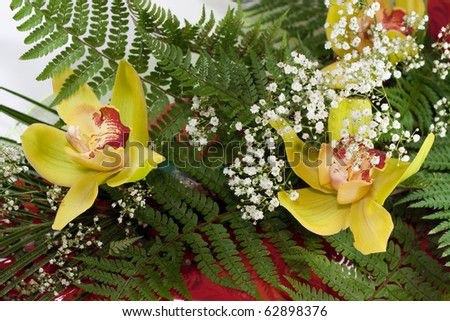 A beautiful bouquet of orchids on green fern