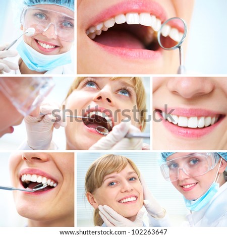 collage of photographs on the theme of healthy teeth and Dental doctor