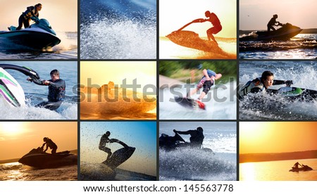 Collage Of Images Strong Men Drives On The Jet-Ski Above The Water