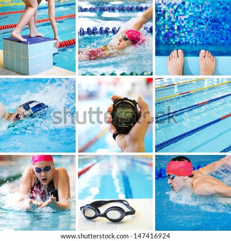 Collage of images on the theme of competitive swimming in the pool