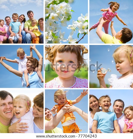 collage of pictures happy family little children in summertime outdoor