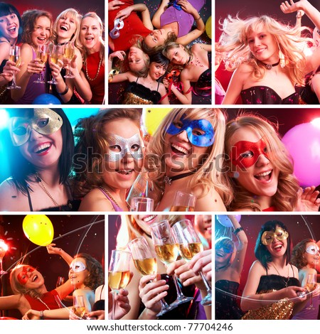collage of colorful fun photos from the party of young and beautiful girls